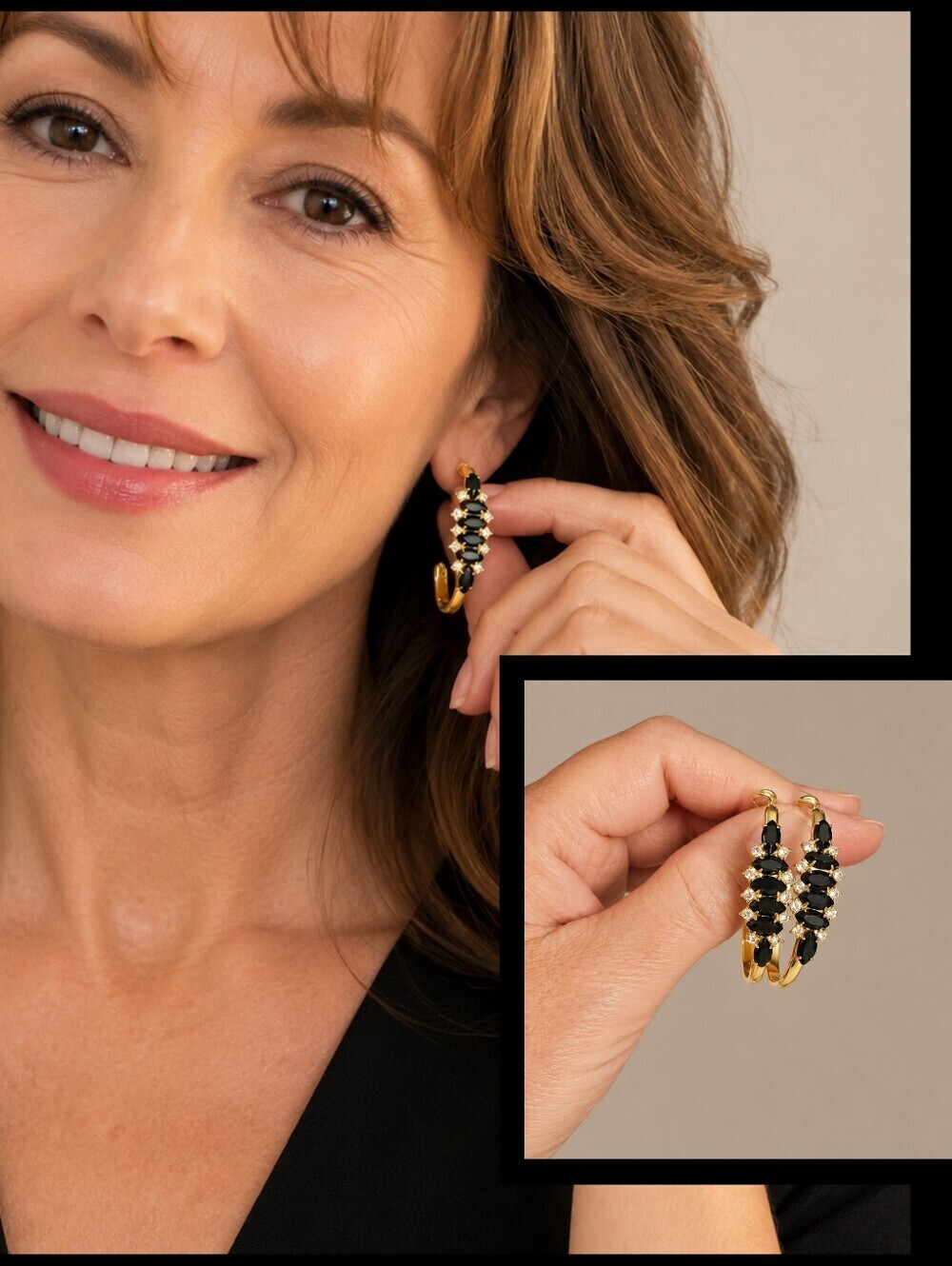 Vintage Black Marquise Crystal Hoop Earrings
